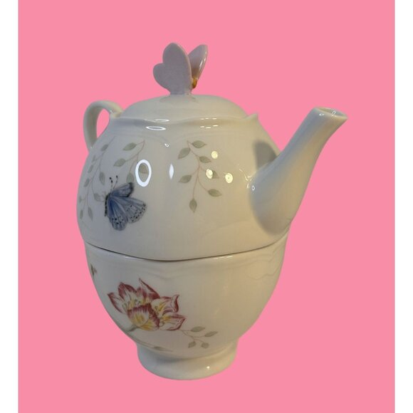 Lenox Butterfly Meadow Individual Stackable Porcelain Teapot & Lid With Teacup - Picture 4 of 12